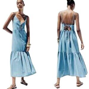 Zara Bow Midi Dress Light Blue Denim Size XS